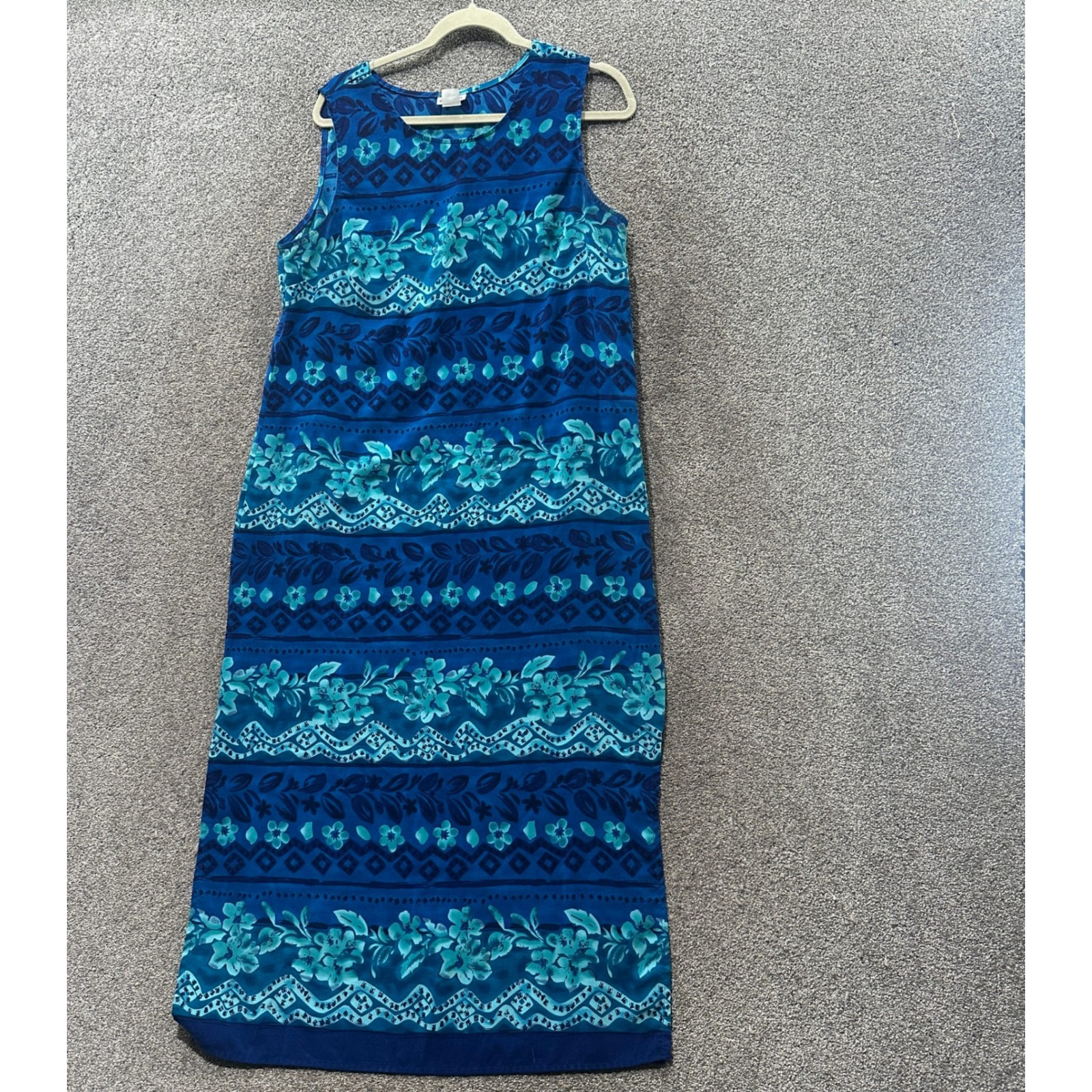 Vtg Darian Maxi Dress Large Blue Floral Geometric Sleeveless Side Slits Resort